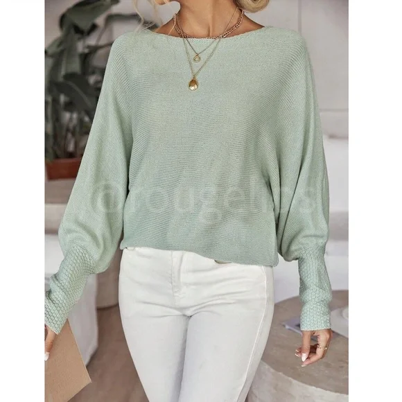 Mint Green Boat Neck Light Knit Sweater Batwing Sleeve Loose Fit, Stretchy - Picture 4 of 8